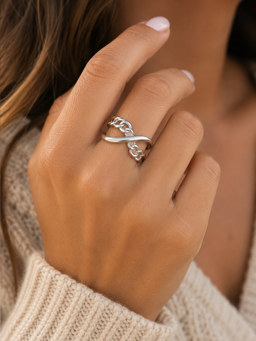 Stainless Steel Chain Link Adjustable Ring Silver Open Band Waterproof